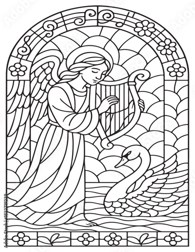 Stained glass angel playing harp with swan coloring page illustration art