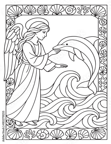 Angel with dolphin in ocean waves, decorative seashell frame, stained glass line art