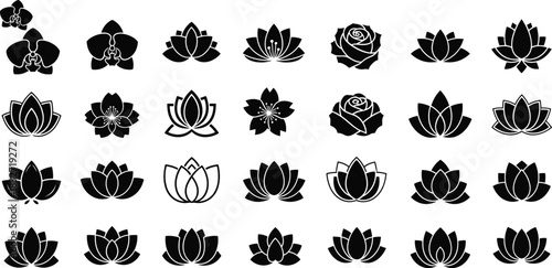 Elegant floral vector icon collection featuring lotus flowers, roses and blossoms in decorative silhouette designs for branding, spa and graphic projects