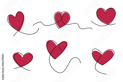 Continuous line drawing of a heart, vector minimalist love concept illustration. Set, doodle.