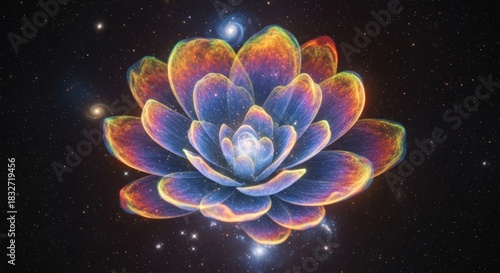 Digital art featuring a radiant lotus flower floating in a cosmic, starry space