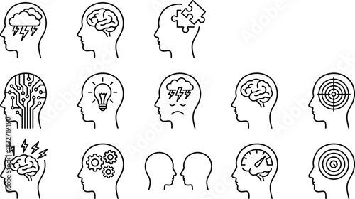 Human Brain and Mental Health Icon Set: Line Icons of Idea, Thinking, Psychology, Intelligence, Problem Solving, AI, and Creativity for Neurology