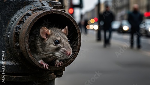 Fototapeta Naklejka Na Ścianę i Meble -  Rat peeking from rusty pipe in urban street with blurred city background. Wildlife in urban environment for pest control concept.