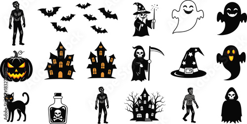 Halloween themed spooky icons featuring zombies, haunted houses, ghosts, bats, witch elements, creepy pumpkins and horror symbols for seasonal graphic design projects