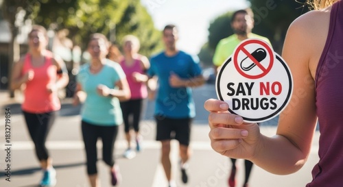Woman holding a say no drugs sign as runners in background symbolize healthy lifestyle. Drug prevention and health education concept.