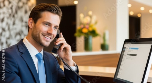 Handsome man talking on landline phone at a reception desk. Attentive hotel worker assisting guest over the phone. Front office communication concept.