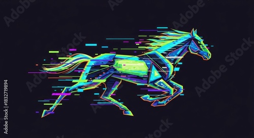 Digitally rendered horse in vibrant hues, depicted mid-gallop, with a glitch effect