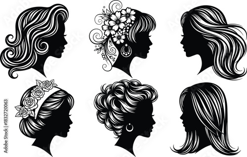Elegant female hairstyle silhouette illustration set featuring floral designs, long hair, short hair and stylish woman profile artwork for beauty projects