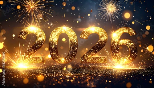 Sparkling golden numbers of 2026 illuminated by dazzling fireworks and bokeh lights, celebrating the new year