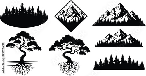 Mountain landscape silhouettes with pine forest, bonsai tree roots, nature outdoor illustration set for adventure design, logo and branding projects