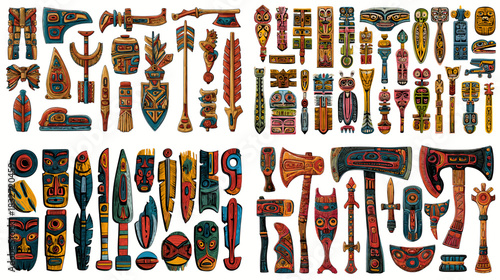 A diverse collection of tribal carved wooden artifacts featuring symbolic shapes, intricate patterns, and cultural motifs suitable for traditional and decorative design themes.