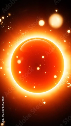 Abstract illustration of bright orange sphere and light particles on a dark background
