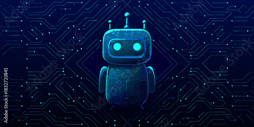Cute robot with glowing eyes on a circuit board background illustration