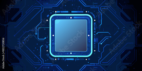 Abstract blue circuit board with central processor unit illustration