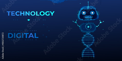 Futuristic technology and digital transformation with robot and dna strand concept