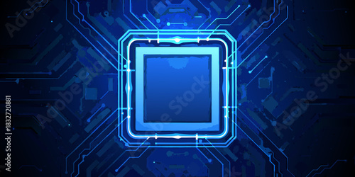 Stylized blue computer chip with circuit board connections background