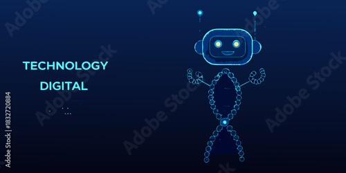 Abstract glowing robot illustration on dark blue background for technology concepts