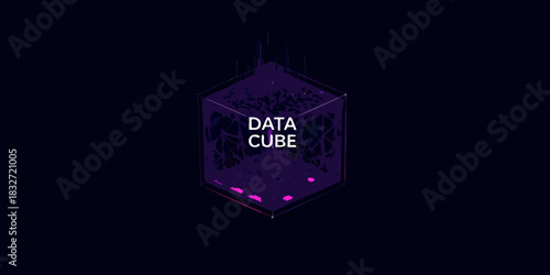 Abstract purple data cube on dark background technology concept