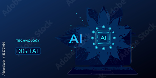 Artificial intelligence concept with laptop and digital flower in blue