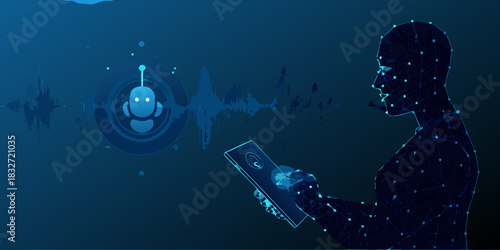 Ai assistant on mobile device with humanoid figure and voice waveform