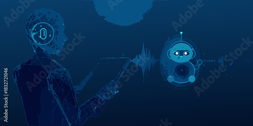 Ai humanoid interacting with robot and analyzing sound waves on tablet