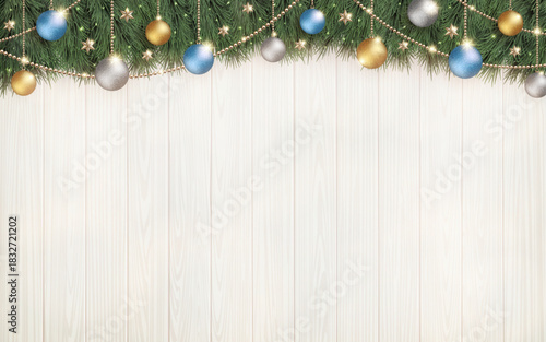 光輝くクリスマスツリーと、横長の白い木目の背景