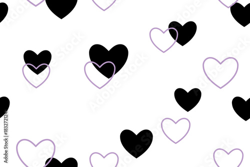 Outlines and silhouettes of heart on a white background. Seamless pattern under clipping mask. Festive background for paper, cover, textile. Valentine decor. 