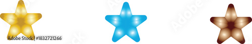 colorful glossy five-pointed star icons with balloon-like texture on white background for playful decorative design, featuring yellow, blue, and brown stars in horizontal arrangement