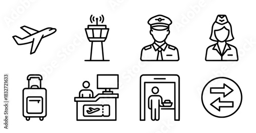 Airport Icons Plane Tower Staff Luggage Checkin Security Transfer.