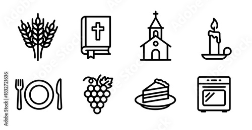 Christian Symbols and Food Icons Wheat Bible Church Candle Meal Grapes Cake Oven.
