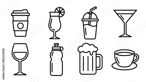 Collection of Various Drink Icons in Simple Line Art Style.