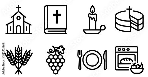 Christian Symbols Church Bible Candle Bread Wheat Grapes Meal Oven.
