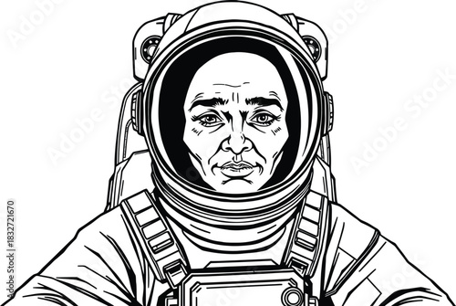 Close up portrait of a female astronaut in a detailed helmet and suit black and white sketch, astronaut, space, woman, female, portrait, helmet, suit, space suit, cosmonaut, outer space, galaxy
