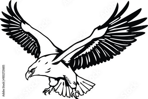 Majestic bald eagle in flight with wings spread wide in a powerful descent, eagle, bald eagle, bird, raptor, predator, wildlife, nature, animal, flight, flying, wings, spread wings, soaring, hunting