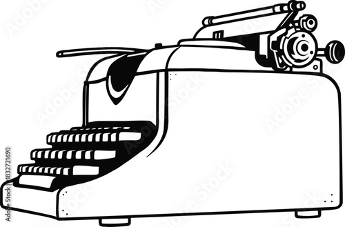 Vintage portable typewriter illustration with keys and carriage return lever, typewriter, vintage, illustration, drawing, sketch, retro, antique, old fashioned, writing, keyboard, keys, mechanical
