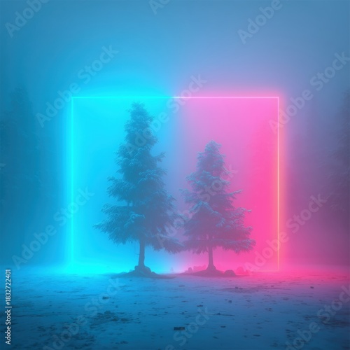 Surreal winter forest with pine trees inside glowing pink and blue neon frame on foggy night