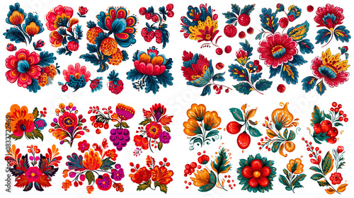 A lively collection of folk floral illustrations featuring bright colors, botanical motifs, and decorative elements suitable for craft, pattern design, and artistic projects.