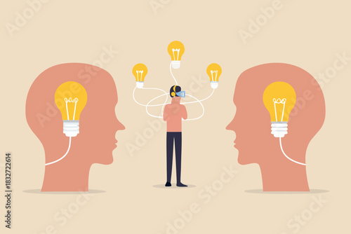 Virtual reality collaboration and idea sharing between two minds concept illustration
