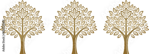 Elegant Stylized Vector Trees Illustration with Blue and Gold Leaves, Repeating Decorative Pattern, Nature and Ecology Graphic Element, Intricate Detailed Line Art Design.