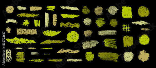 Green pencil texture background. Various shades of green color crayon highlights. Cafe menu design elements. Chalk texture frames. Vector handdrawn pastel scribbles, textboxes. Organic farm product bg