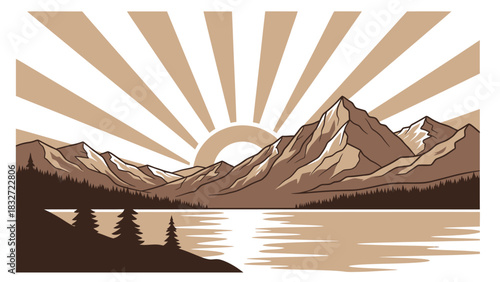 Majestic Mountain Landscape with Serene Lake and Radiant Sunrise.