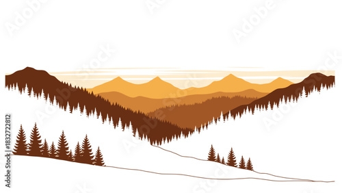 Majestic Mountain Landscape with Pine Trees and Golden Sunset.