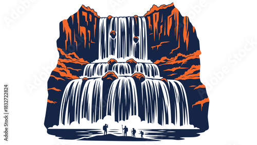 Majestic Waterfall Landscape with Silhouetted Figures.