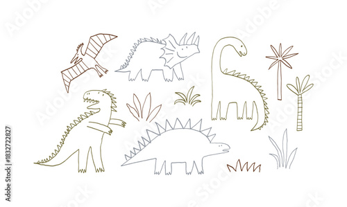 Cute cartoon hand drawn Dinosaurs. Sketch, doodle style. Vector illustration for kids.