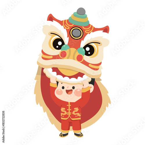Illustration of Boy Performing Lion Dance