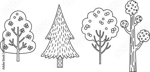Minimalist Outline Vector Set of Diverse Forest Trees, Including Pine, Deciduous, and Stylized Abstract Trees, Perfect for Nature-Themed Graphics and Eco-Friendly Designs.