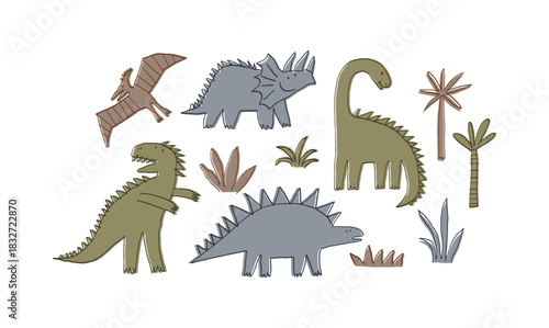 Cute cartoon hand drawn Dinosaurs. Sketch, doodle style. Vector illustration for kids.