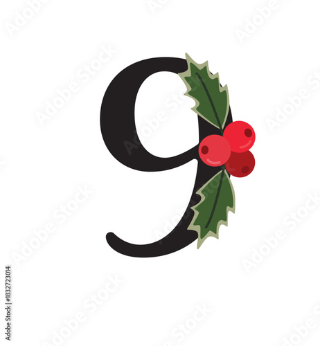 Christmas Number 9 with Holly Leaves and Red Berries. Flat Vector Illustration for Advent Calendar and Holiday Designs