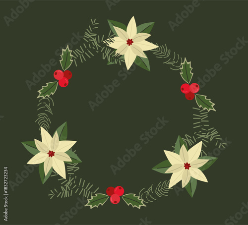 Cream Poinsettia and Holly Christmas Wreath Illustration for Holiday Decor and Seasonal Design
