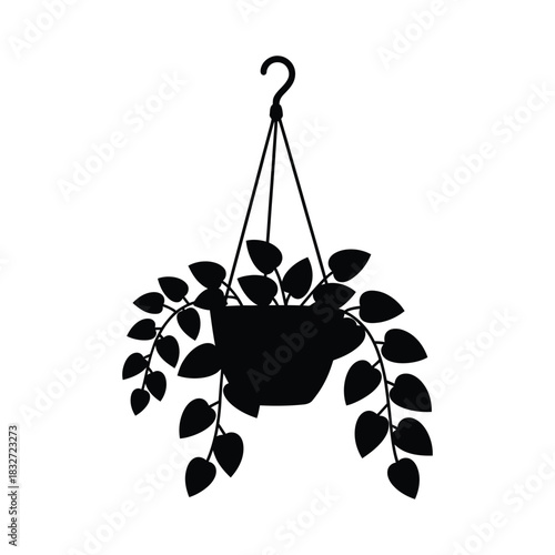  A hanging plant basket with cascading vines, silhouette vector design on a white background